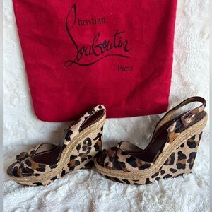 Christian Louboutin leopard animal print slingback wedge sandals size 8